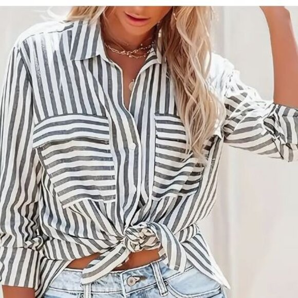 Faded Glory Tops - Faded Glory Blue/Gray and White Striped Button Down Shirt Sz XXL (20)